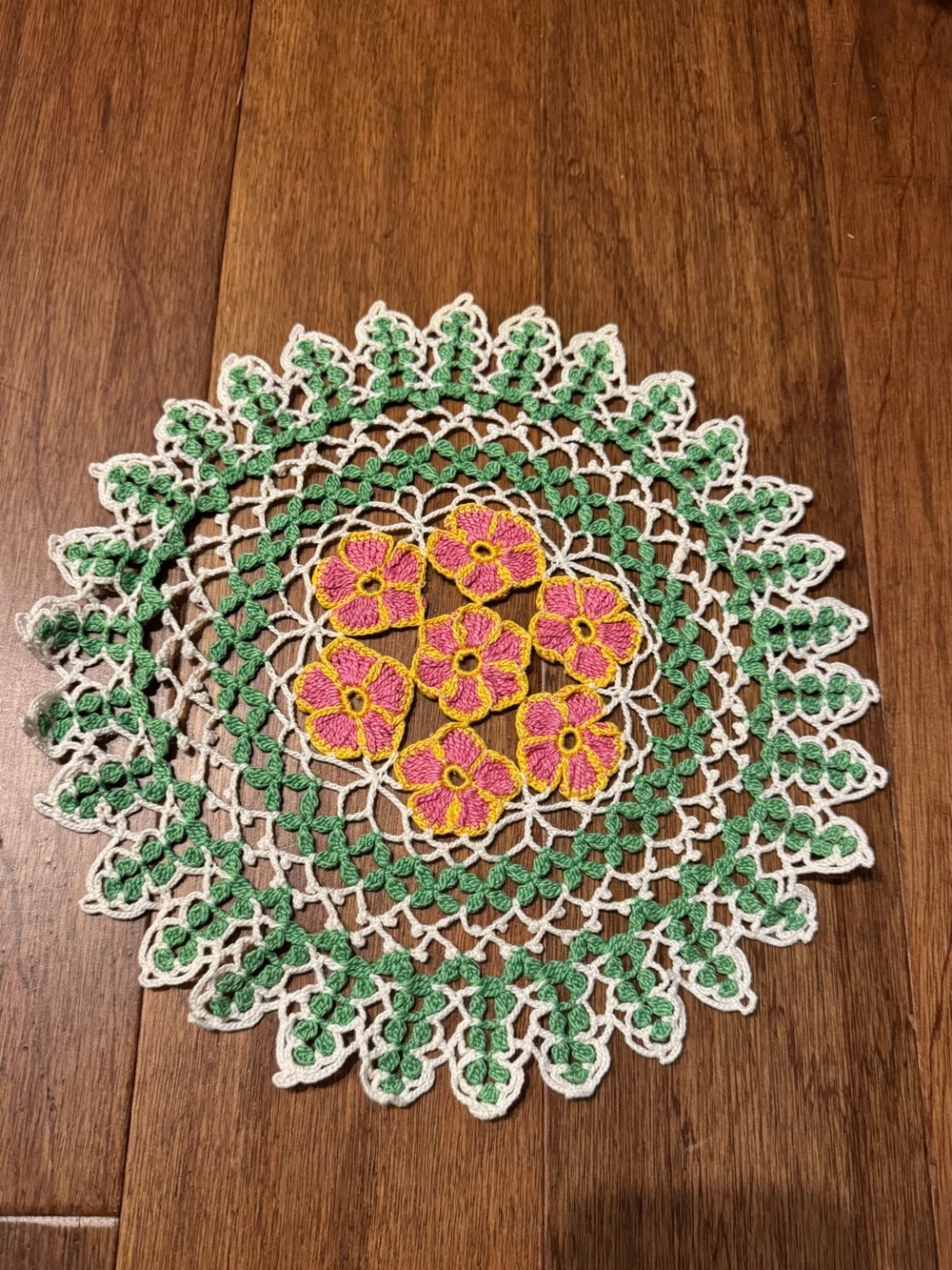 Vintage 12” Handmade Crochet Floral Doily - Pink, Yellow, Green, White